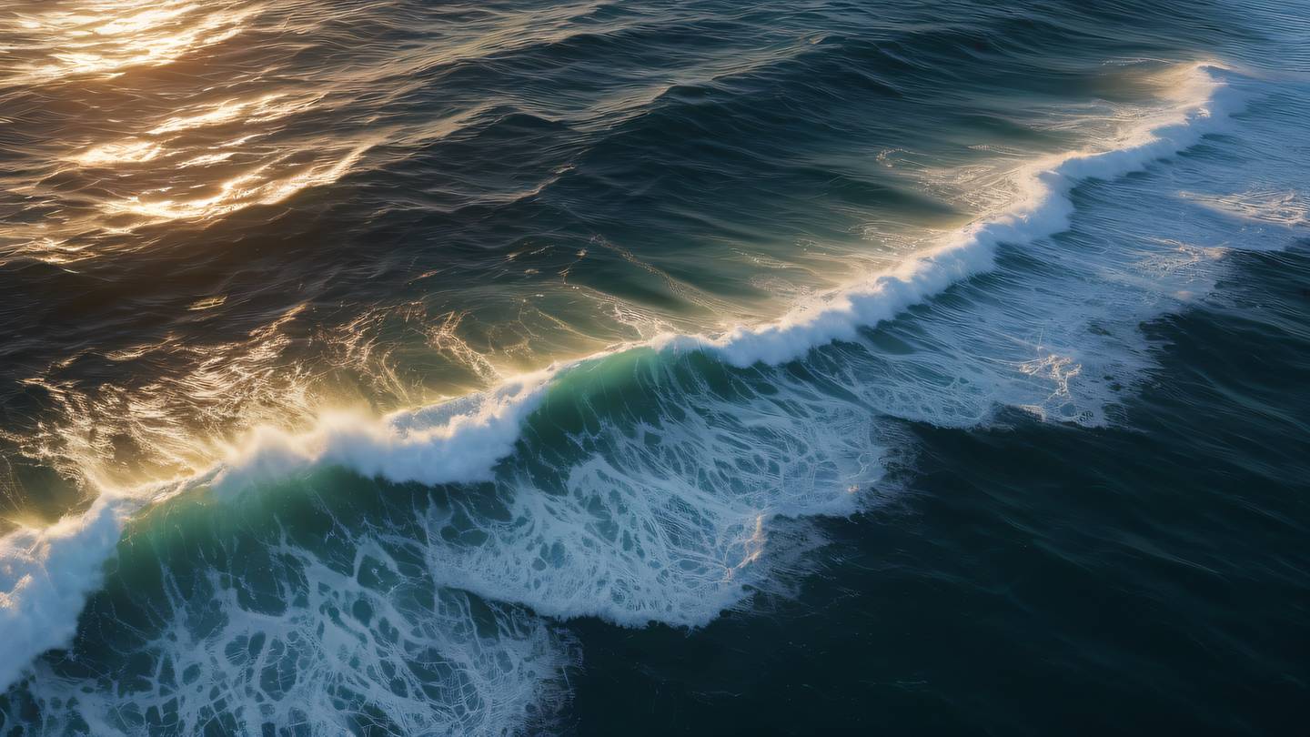 Ocean waves creating natural patterns and textures with perfect red and bright gold reflections on water surface captured from bird's eye view high-quality ultra-realistic cinematic 8K UHD high resolution sharp and detail Ocean waves creating natural patterns and textures with perfect red and bright gold reflections on water surface captured from bird's eye view high-quality ultra-realistic cinematic 8K UHD high resolution sharp and detail