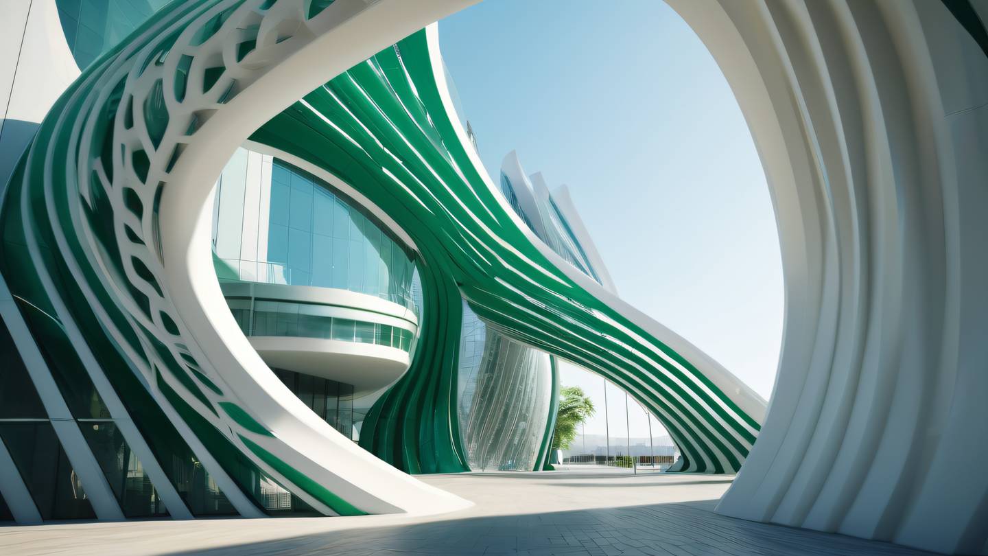 Modern architectural gateway with flowing curves and geometric patterns emerald green and white color scheme shot from below looking up morning light casting dynamic shadows high-quality ultra-realistic cinematic 8K UHD high resolution sharp and detail Modern architectural gateway with flowing curves and geometric patterns emerald green and white color scheme shot from below looking up morning light casting dynamic shadows high-quality ultra-realistic cinematic 8K UHD high resolution sharp and detail