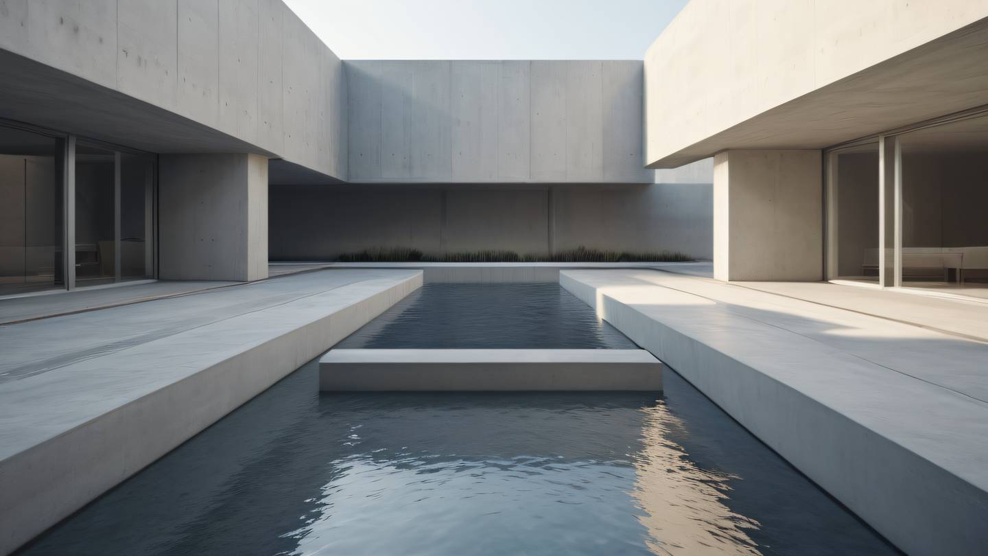 Minimalist concrete courtyard with floating geometric shapes soft creamy whites and light grey tones floating water features shot from eye level with leading lines high-quality ultra-realistic cinematic 8K UHD high resolution sharp and detail Minimalist concrete courtyard with floating geometric shapes soft creamy whites and light grey tones floating water features shot from eye level with leading lines high-quality ultra-realistic cinematic 8K UHD high resolution sharp and detail