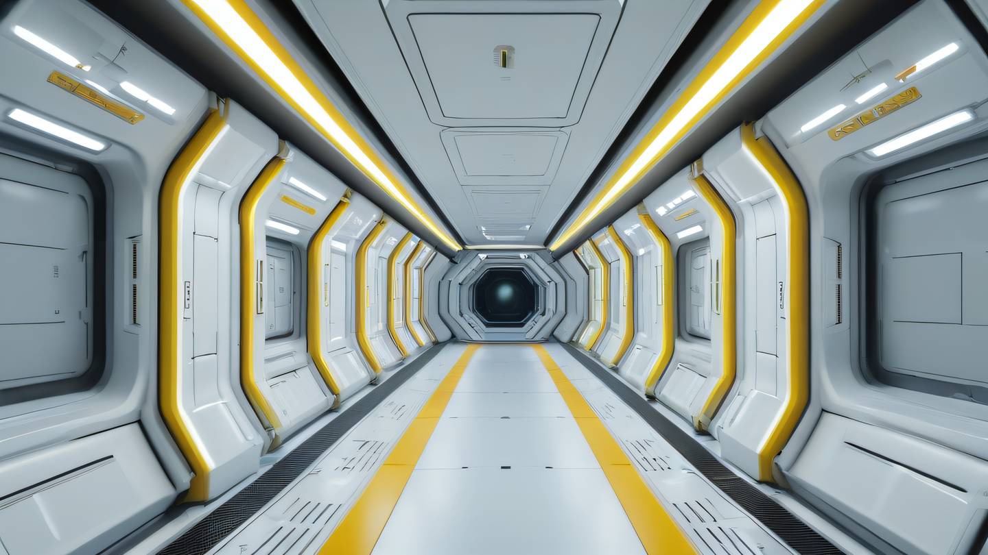 Futuristic space station corridor with clean lines and ambient lighting yellow and white color scheme with metallic accents shot from central perspective with infinite tunnel effect high-quality ultra-realistic cinematic 8K UHD high resolution sharp and detail Futuristic space station corridor with clean lines and ambient lighting yellow and white color scheme with metallic accents shot from central perspective with infinite tunnel effect high-quality ultra-realistic cinematic 8K UHD high resolution sharp and detail