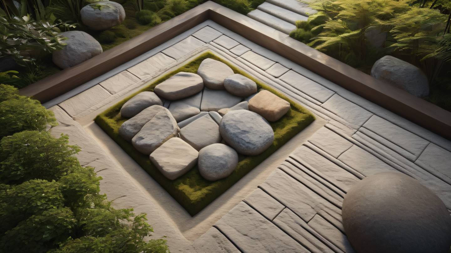 Modern zen garden with geometric stone arrangements and clean lines warm earthy tones with bright highlights shot from above with diagonal composition high-quality ultra-realistic cinematic 8K UHD high resolution sharp and detail Modern zen garden with geometric stone arrangements and clean lines warm earthy tones with bright highlights shot from above with diagonal composition high-quality ultra-realistic cinematic 8K UHD high resolution sharp and detail