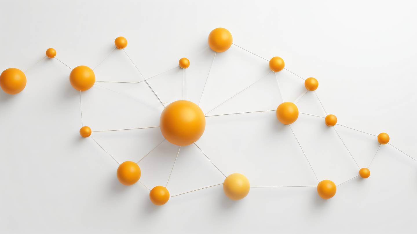 A modern geometric abstract representation of interconnected nodes and pathways featuring bright butterscotch yellow and orange gradients against a clean white background shot from a top-down perspective high-quality ultra-realistic cinematic 8K UHD high resolution sharp and detail
