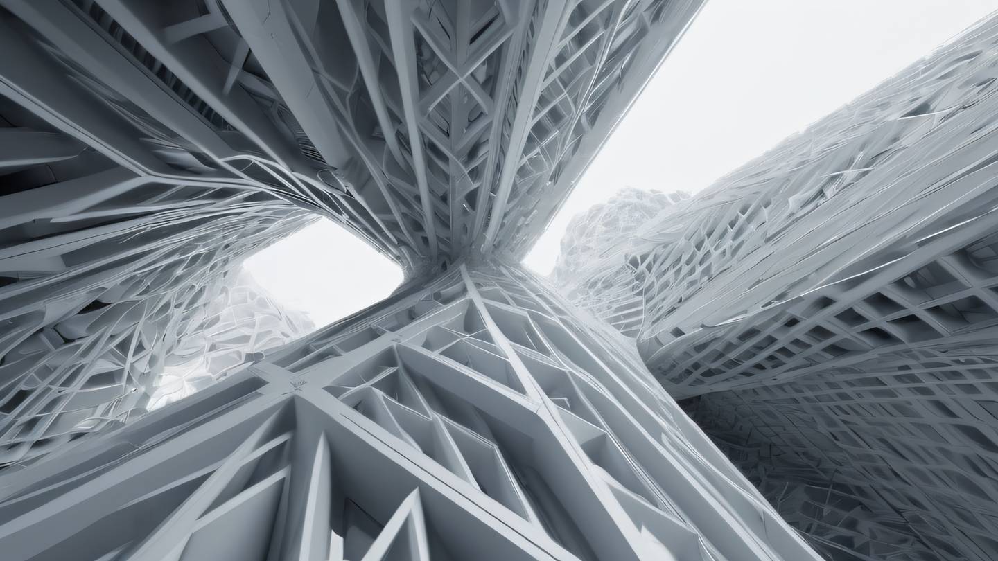 A series of interconnected crystalline structures in bright gray and white tones creating an abstract architectural form captured from an eye-level perspective high-quality ultra-realistic cinematic 8K UHD high resolution sharp and detail