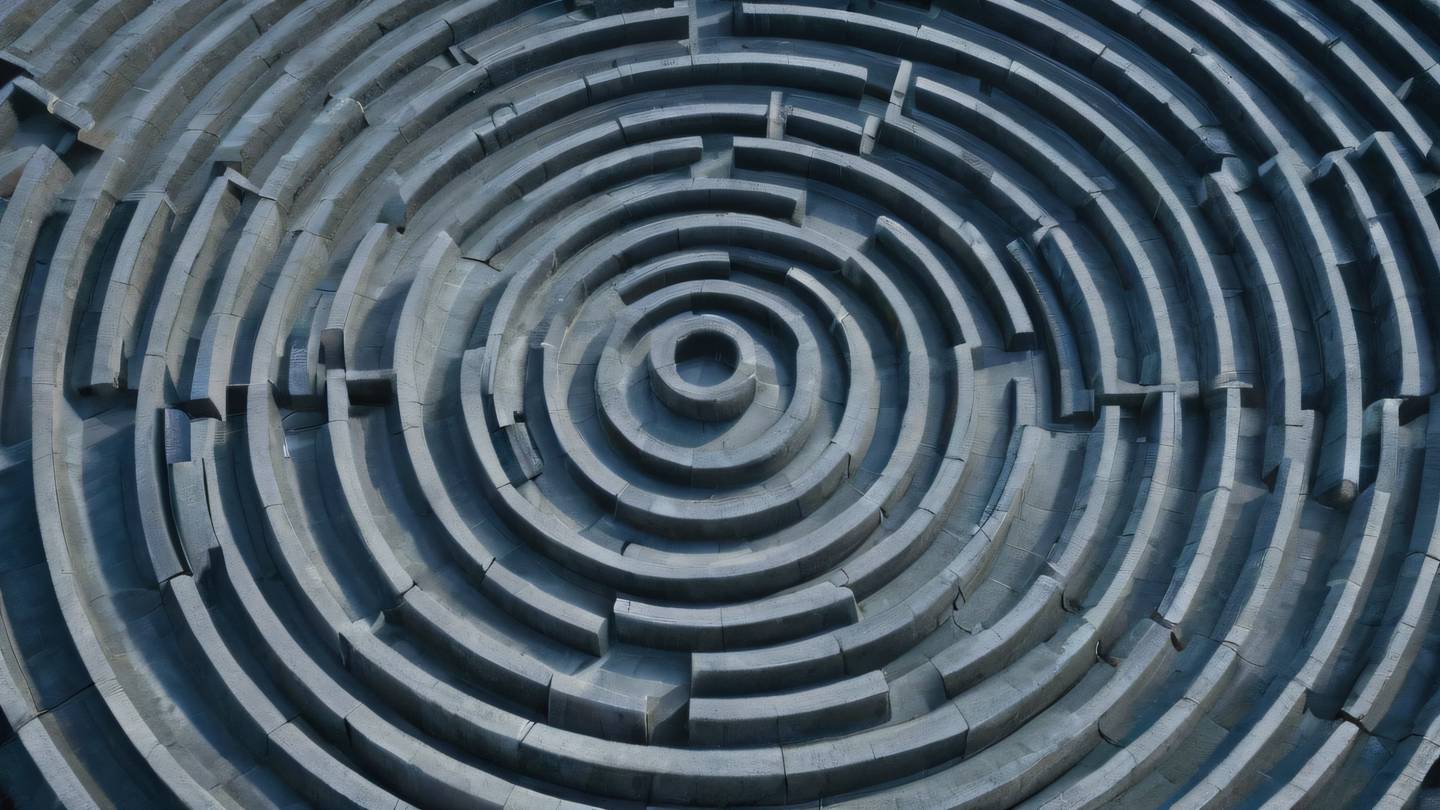 An aerial view of a geometric maze pattern made from stone blocks featuring concentric circles and intersecting paths colored in cool steel blue and iron grey tones captured from directly above with soft natural lighting high-quality ultra-realistic cinematic 8K UHD high resolution sharp and detail
