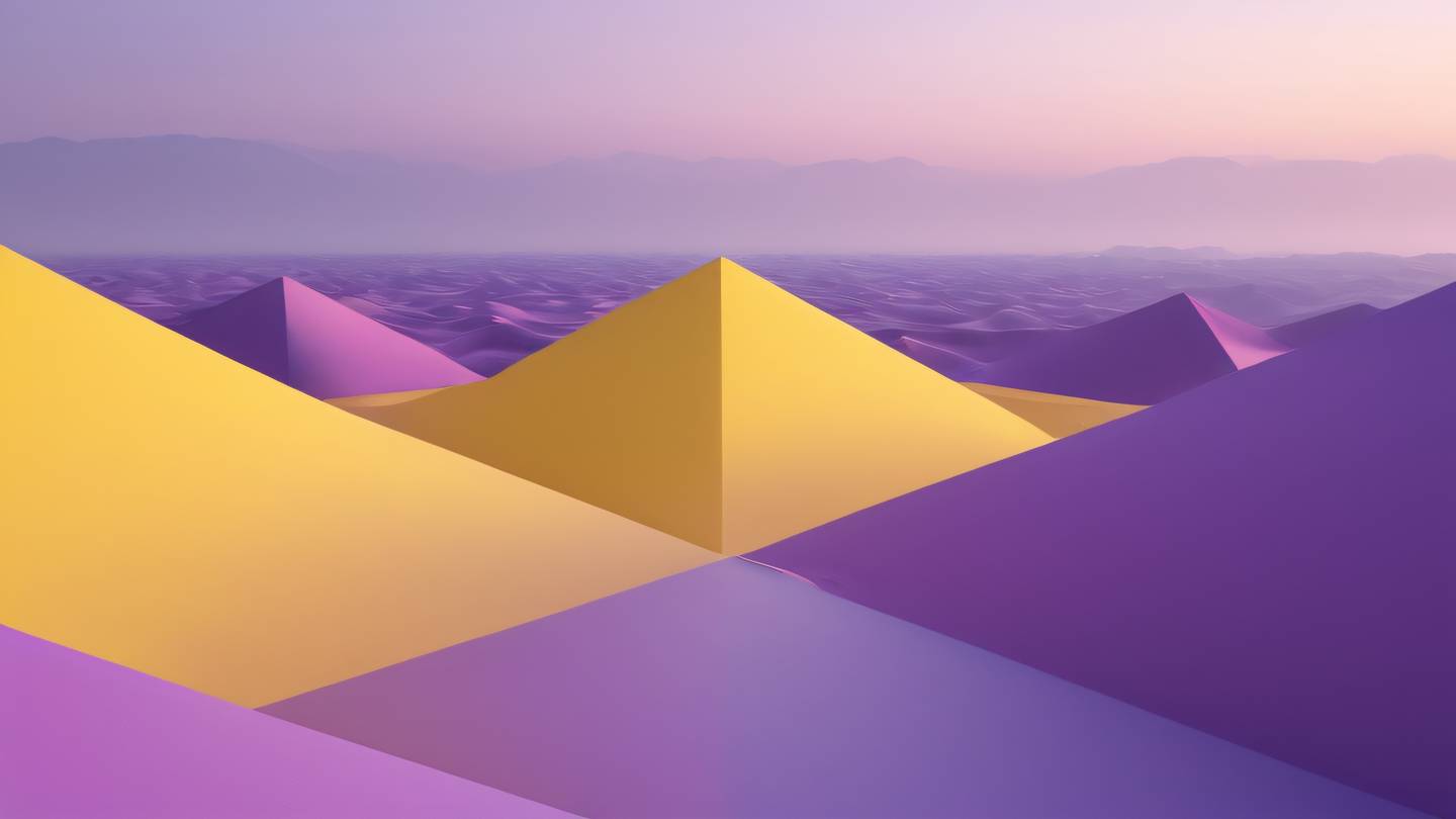 Abstract geometric landscape with seamless transitions between shapes canary yellow and lilac gradient viewed from a cinematic wide angle with dynamic composition high-quality ultra-realistic cinematic 8K UHD high resolution sharp and detail