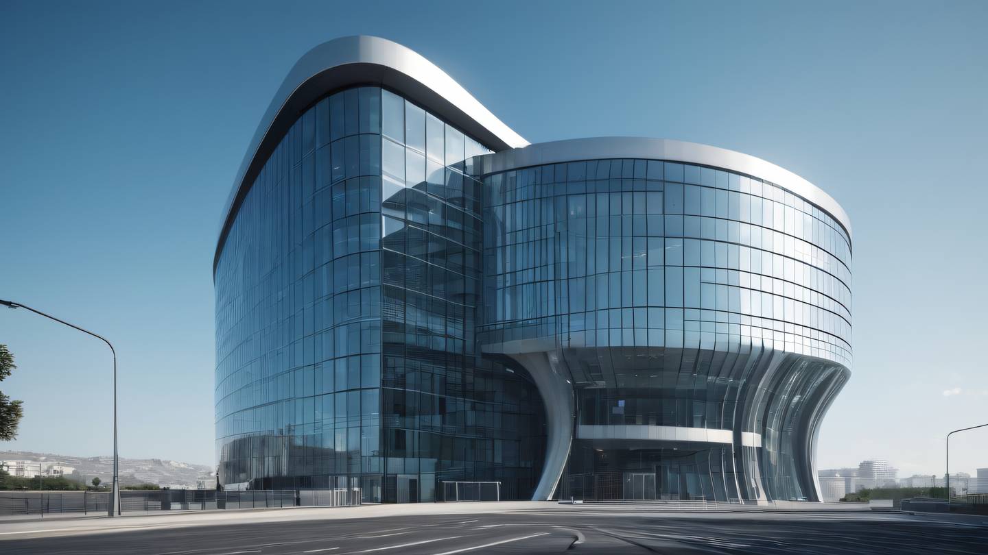 A futuristic curved glass building with sleek lines and reflective surfaces shot from a low angle perspective featuring dusty blue and metallic silver tones high-quality ultra-realistic cinematic 8K UHD high resolution sharp and detail