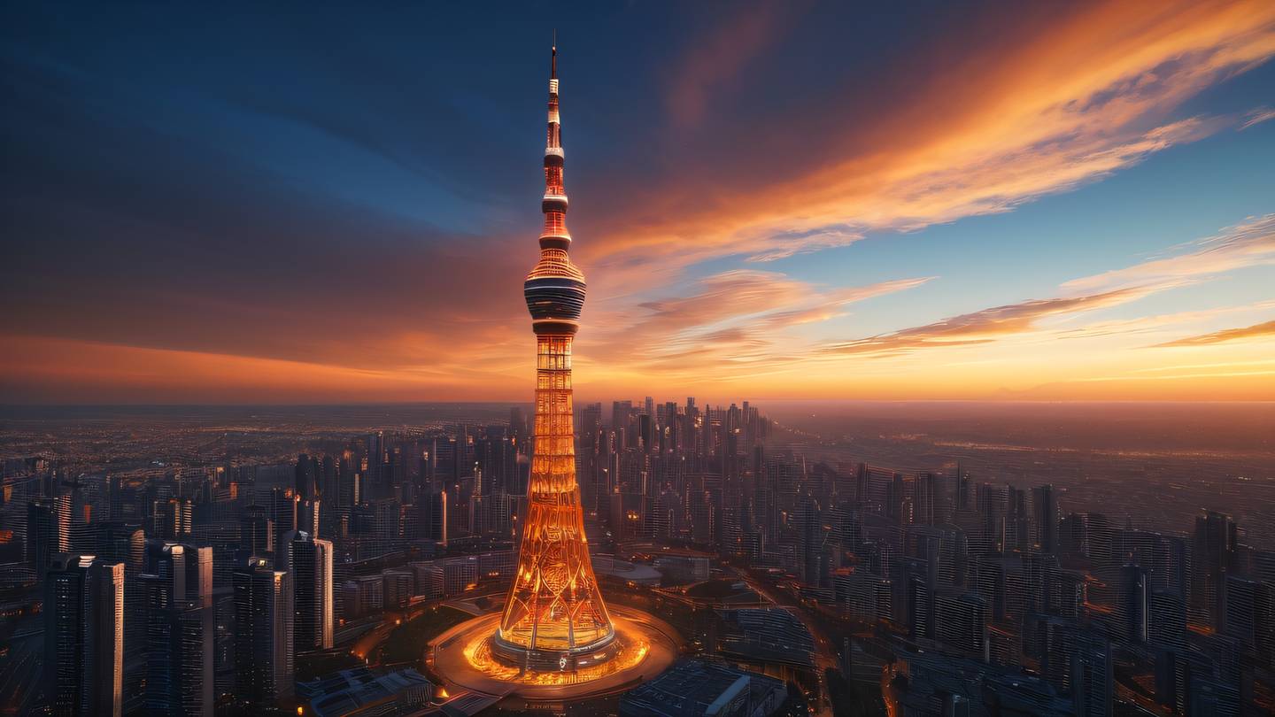 A futuristic communication tower sending digital signals across a cityscape at sunset with flowing data streams visualized in bright orange and amber colors against a deep blue sky captured from a low angle perspective high-quality ultra-realistic cinematic 8K UHD high resolution sharp and detail