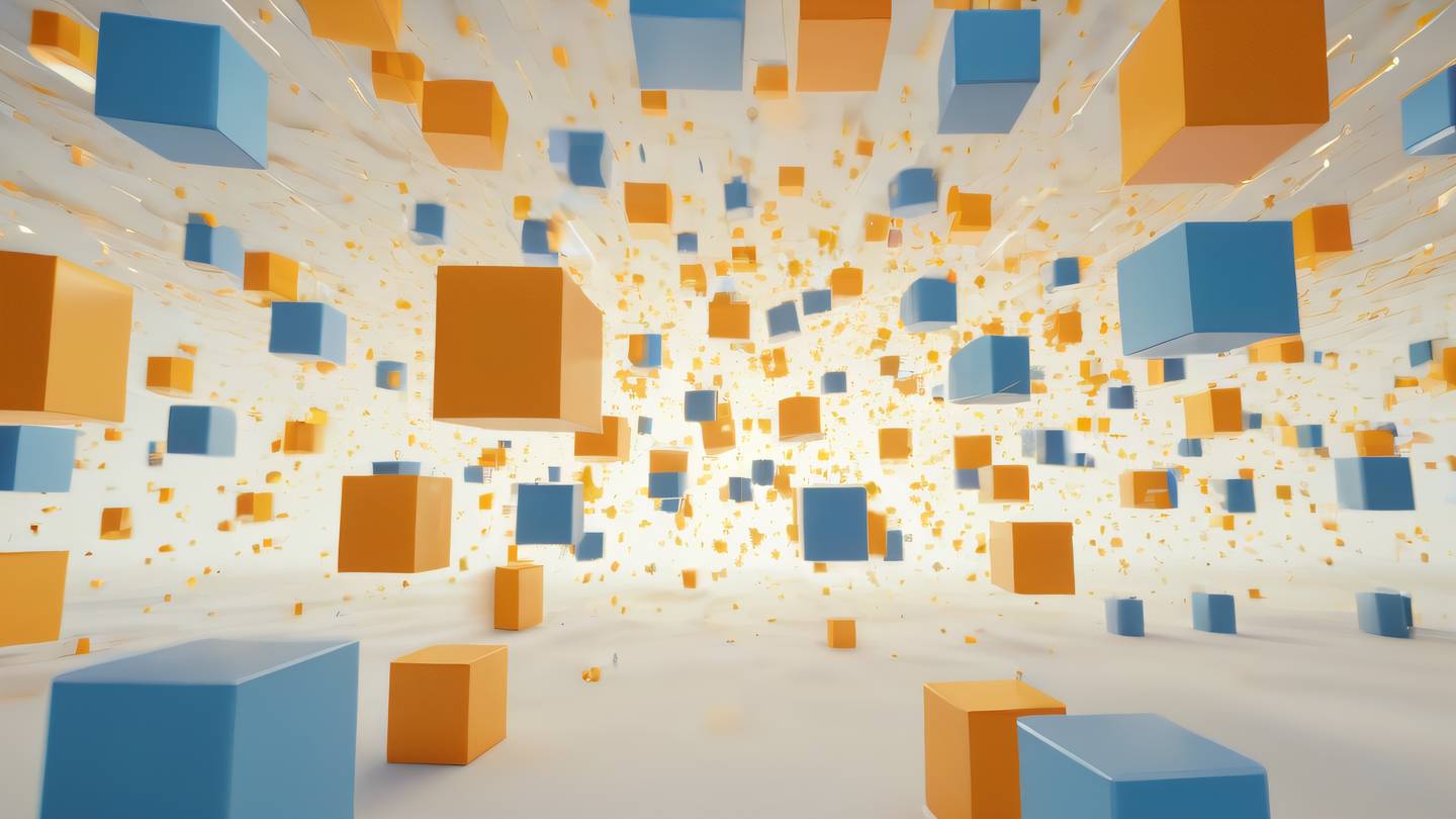 An abstract composition of floating geometric shapes and light particles featuring bright orange and creamy yellow colors with subtle blue accents captured from a straight-on perspective high-quality ultra-realistic cinematic 8K UHD high resolution sharp and detail