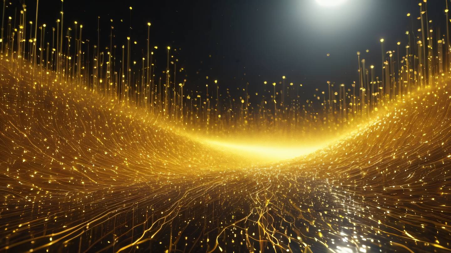 Abstract flowing data streams and digital particles forming a protective barrier dominated by sunshine yellow and amber colors captured from a low angle perspective high-quality ultra-realistic cinematic 8K UHD high resolution sharp and detail