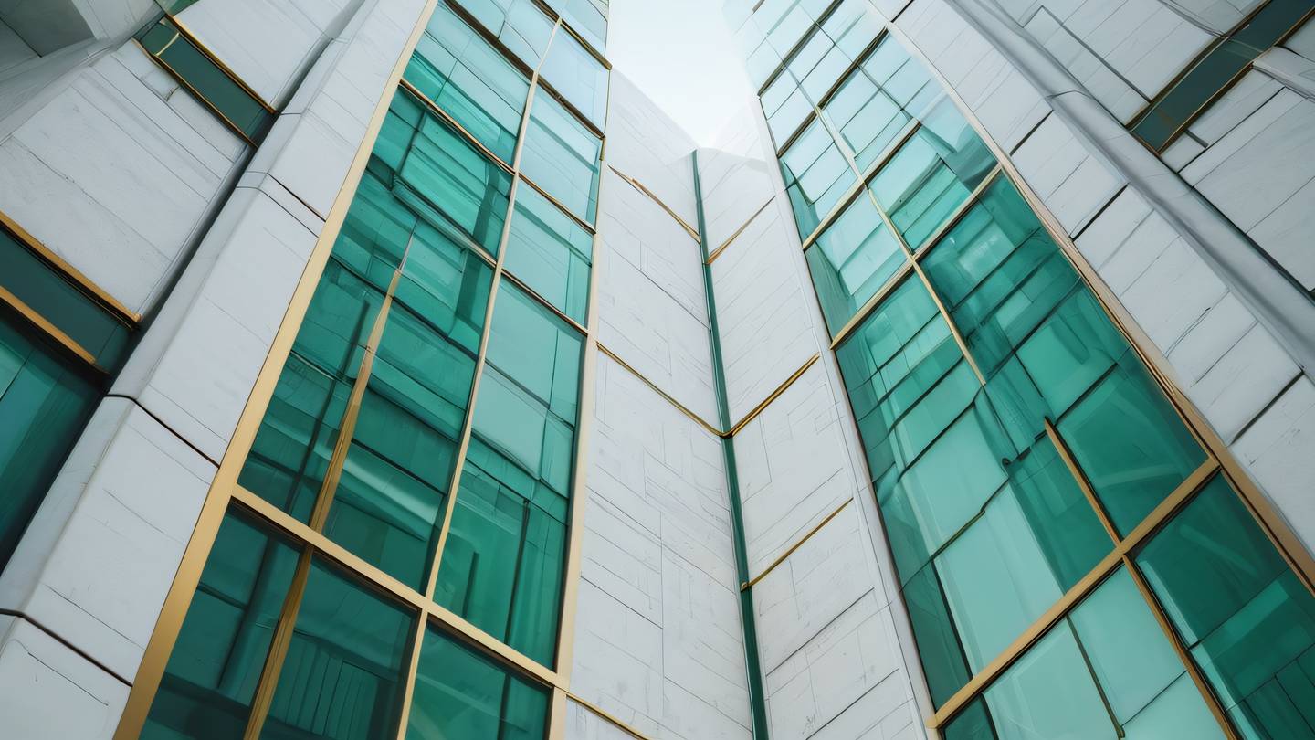 A modern geometric architectural facade with intersecting translucent glass panels and white concrete elements captured from a low angle perspective emerald green and crystal white color palette with subtle gold accents high-quality ultra-realistic cinematic 8K UHD high resolution sharp and detail