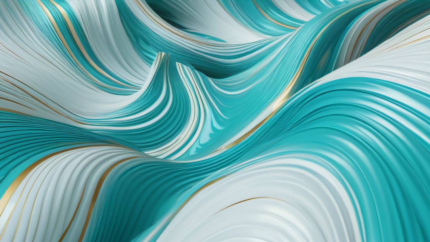 Abstract flowing patterns resembling data streams rendered in bright turquoise and white with golden highlights aerial view perspective featuring organic curves and geometric elements high-quality ultra-realistic cinematic 8K UHD high resolution sharp and detail