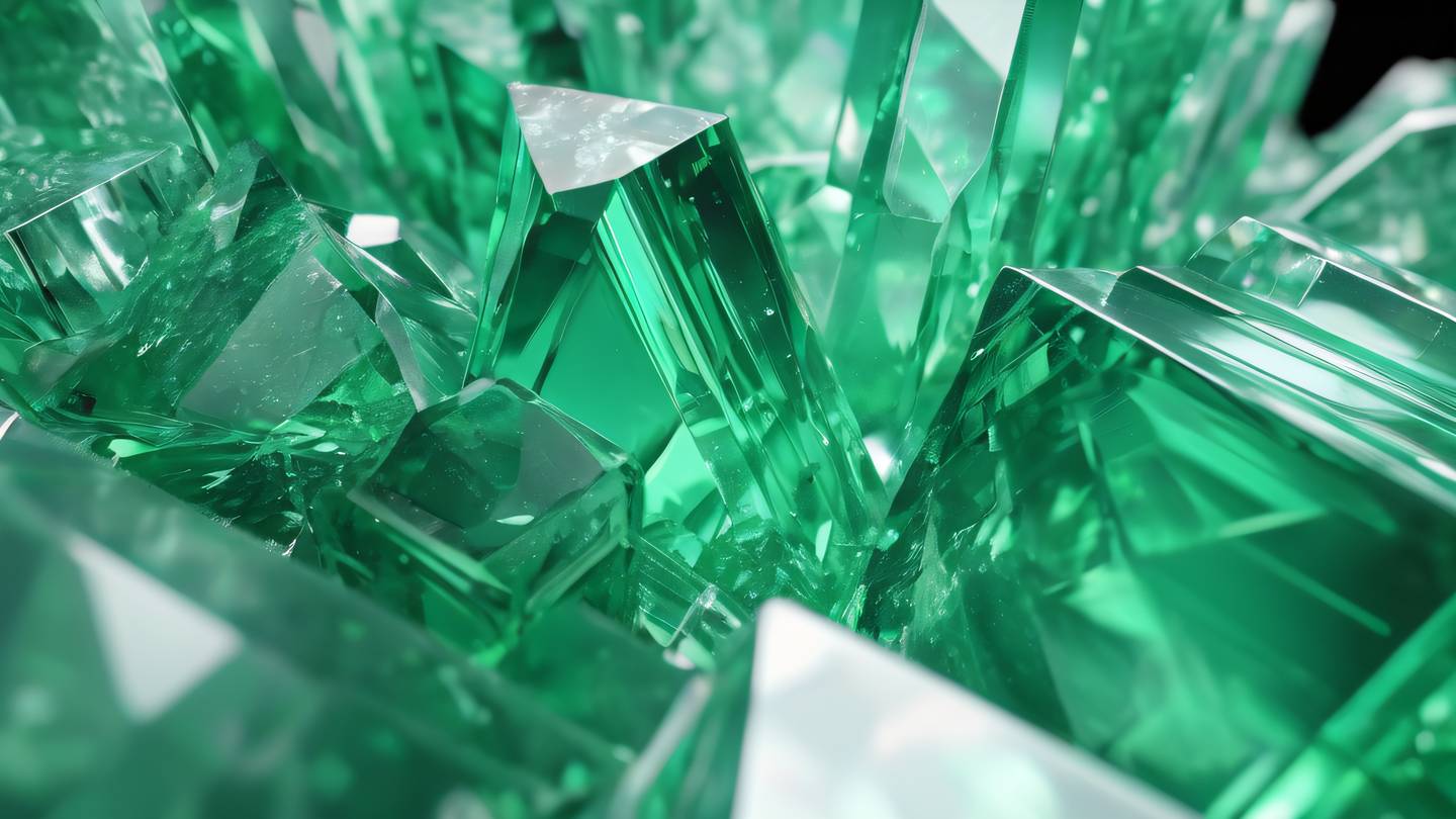 Crystalline structures with smooth surfaces arranged in a flowing pattern bright emerald and clear crystal colors with white highlights shot from a diagonal side angle high-quality ultra-realistic cinematic 8K UHD high resolution sharp and detail
