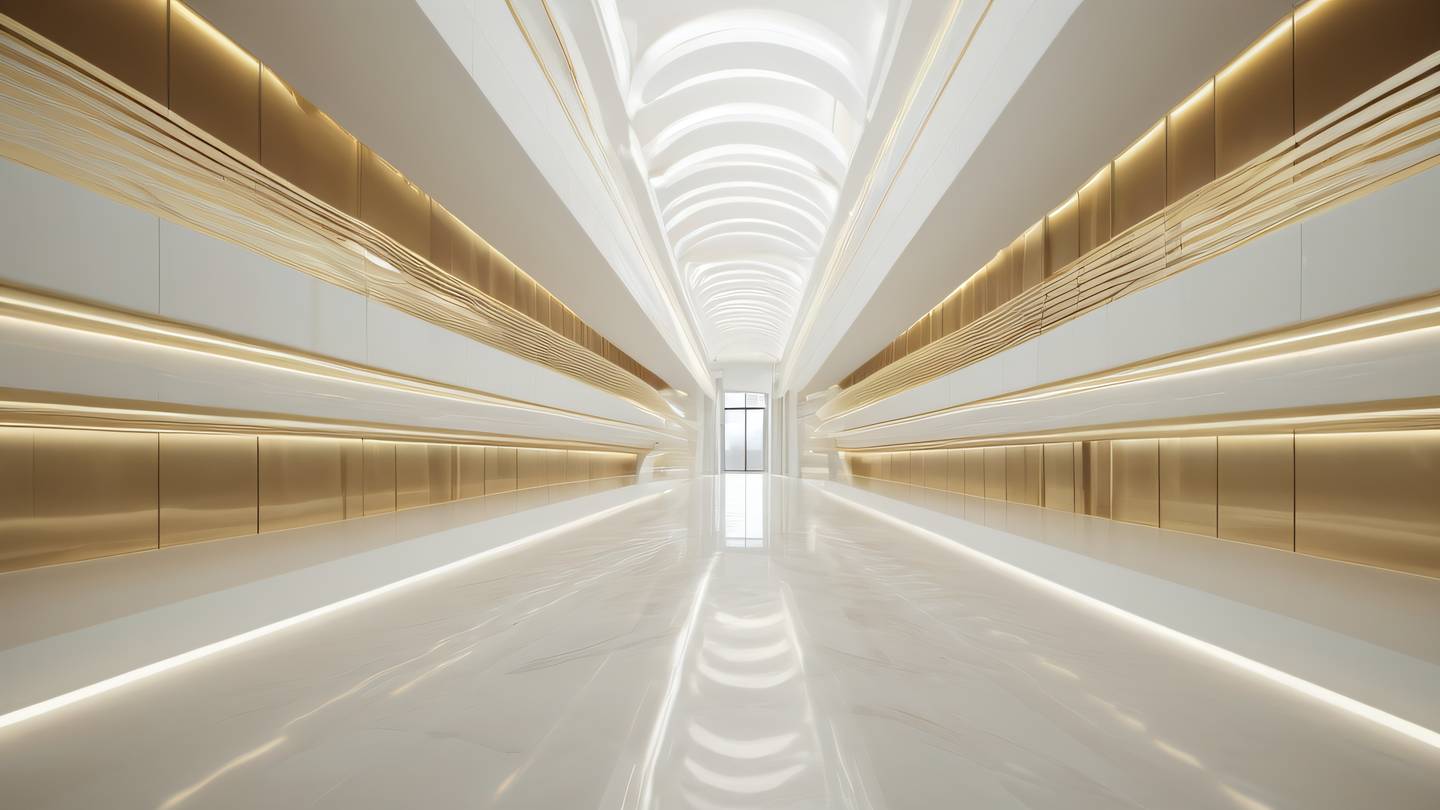 Minimalist architectural interior with flowing light patterns and reflective surfaces white and soft gold color scheme with subtle emerald accents captured from a wide angle perspective high-quality ultra-realistic cinematic 8K UHD high resolution sharp and detail