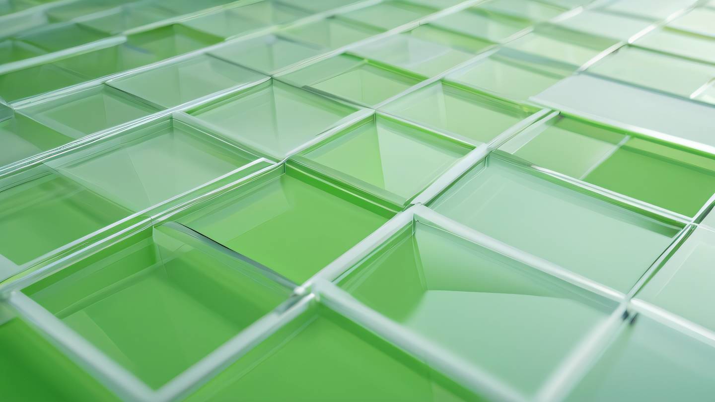Abstract geometric composition of floating glass panels and soft shadows in an infinite space featuring gradients of lime green and crisp white captured from a birds-eye view perspective high-quality ultra-realistic cinematic 8K UHD high resolution sharp and detail