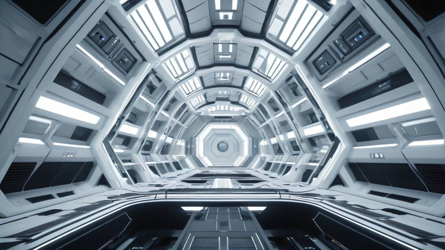 A futuristic space station interior with geometric architecture in bright white and metallic black colors photographed from an upward angle showing depth high-quality ultra-realistic cinematic 8K UHD high resolution sharp and detail