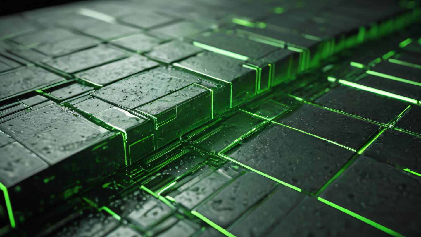 Abstract representation of code quality and testing featuring crystalline structures and geometric patterns. Stone texture with brush stroke elements. Dominant colors: neon green and natural earth tones. Camera angle: Dutch angle (tilted perspective). Style: high-quality ultra-realistic cinematic 8K UHD high resolution sharp and detail