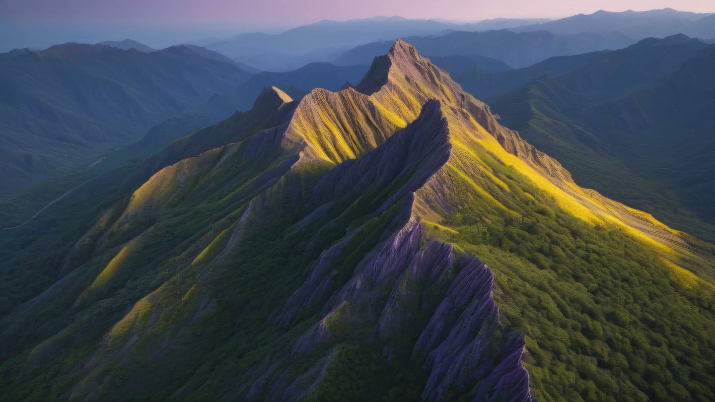 A serene mountain landscape with layered ridges disappearing into the distance capturing the concept of depth and complexity. Colors: canary yellow peaks transitioning into lilac valleys viewed from a drone perspective. High-quality ultra-realistic cinematic 8K UHD high resolution sharp and detailed