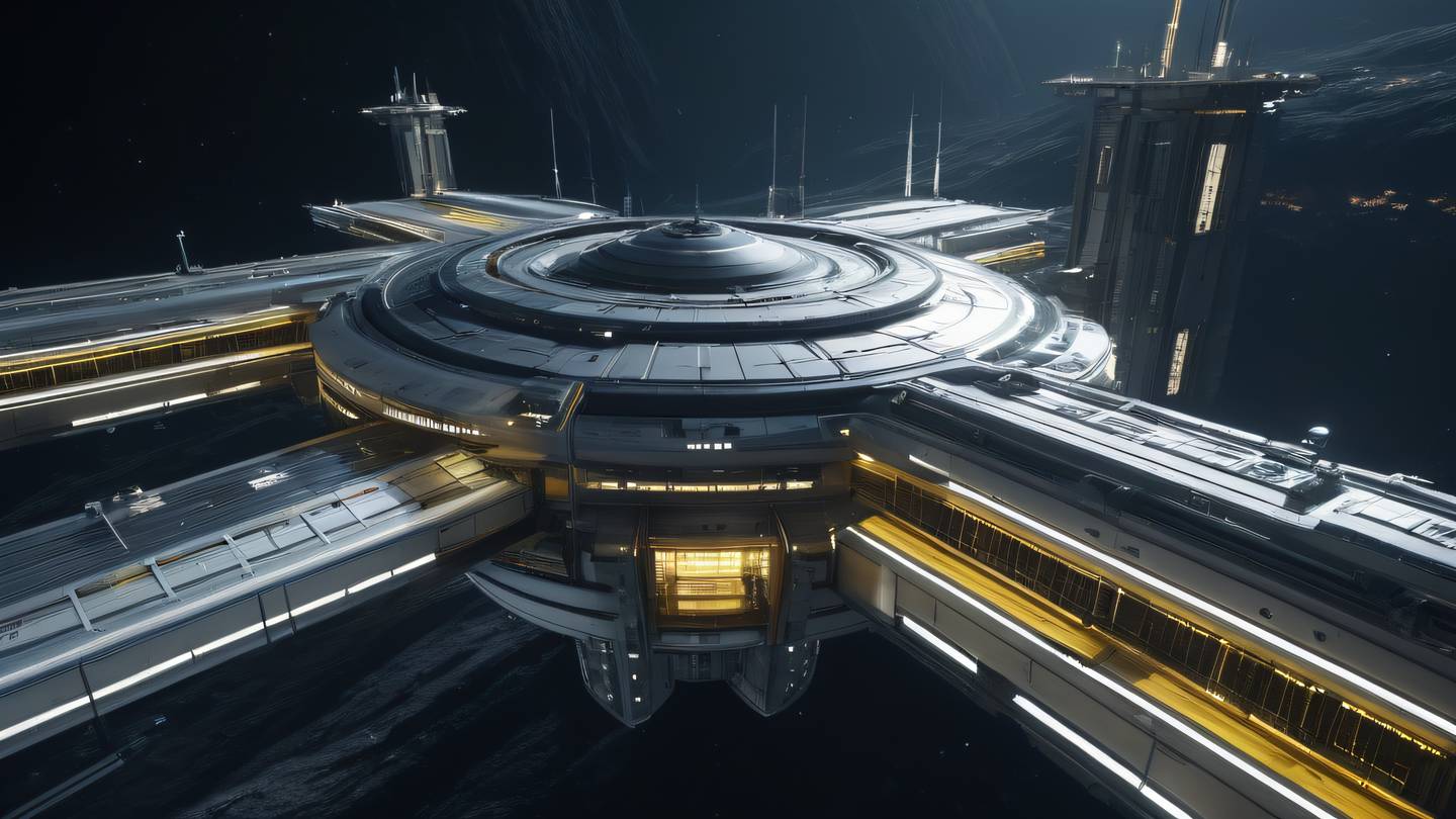Modern architectural space station floating in void sleek metallic structures with yellow and neutral color accents energy fields surrounding the station ultra-realistic cinematic lighting 8K UHD high resolution sharp details wide angle dramatic shot