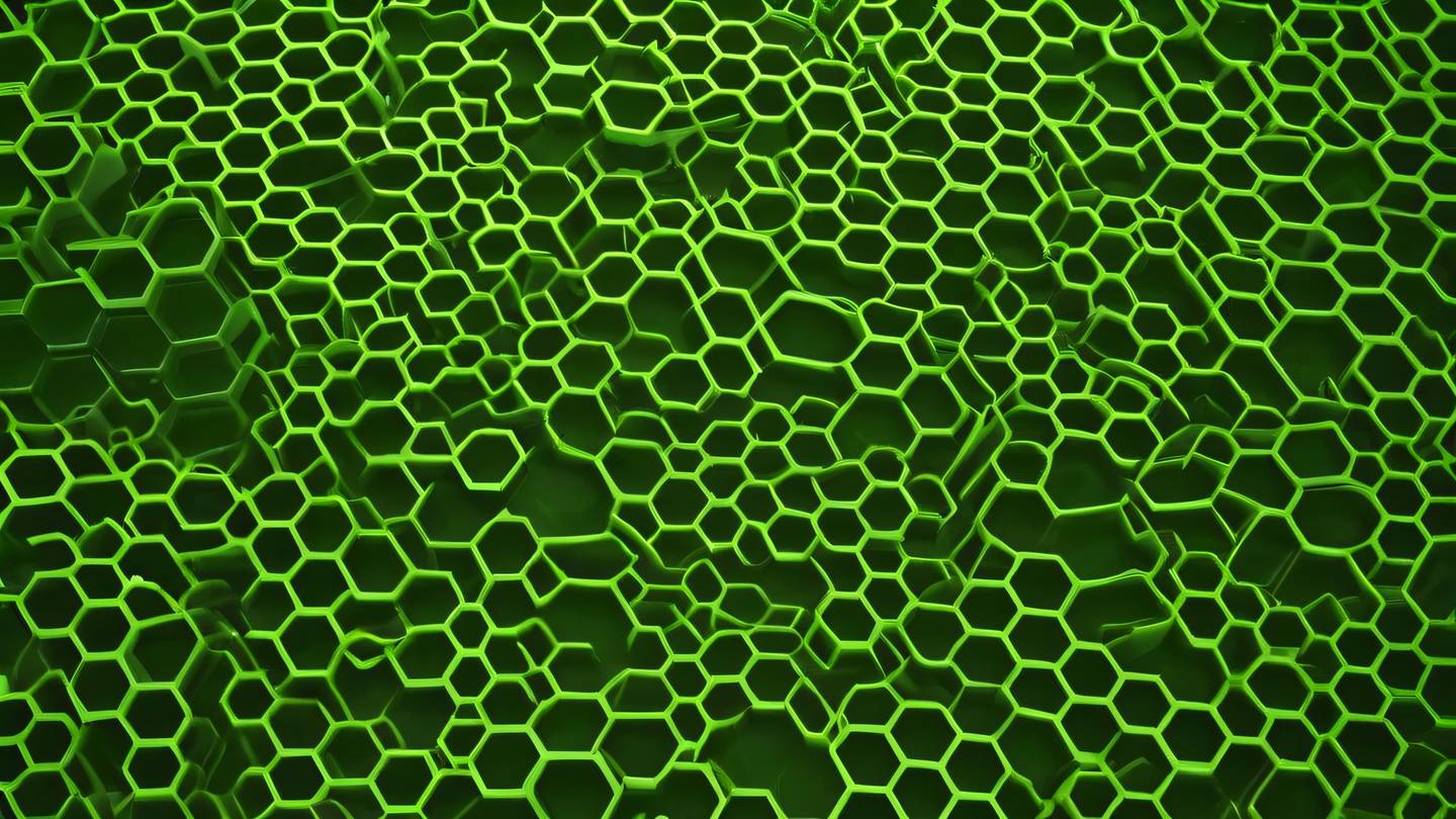 Interconnected hexagonal grid pattern morphing and adapting to different spaces rendered in fluorescent green and clay tones captured from top-down perspective high-quality ultra-realistic cinematic 8K UHD high resolution sharp and detail Interconnected hexagonal grid pattern morphing and adapting to different spaces rendered in fluorescent green and clay tones captured from top-down perspective high-quality ultra-realistic cinematic 8K UHD high resolution sharp and detail