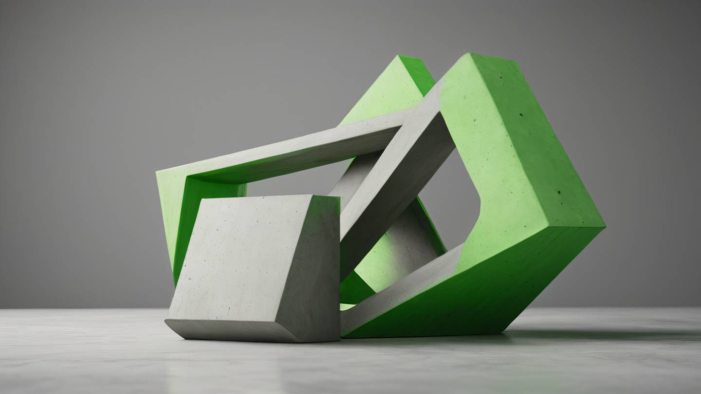 A modern concrete sculpture showing interconnected geometric shapes in bright green colors against a minimal background representing interface layers captured from a front 3/4 angle high-quality ultra-realistic cinematic 8K UHD high resolution sharp and detail A modern concrete sculpture showing interconnected geometric shapes in bright green colors against a minimal background representing interface layers captured from a front 3/4 angle high-quality ultra-realistic cinematic 8K UHD high resolution sharp and detail
