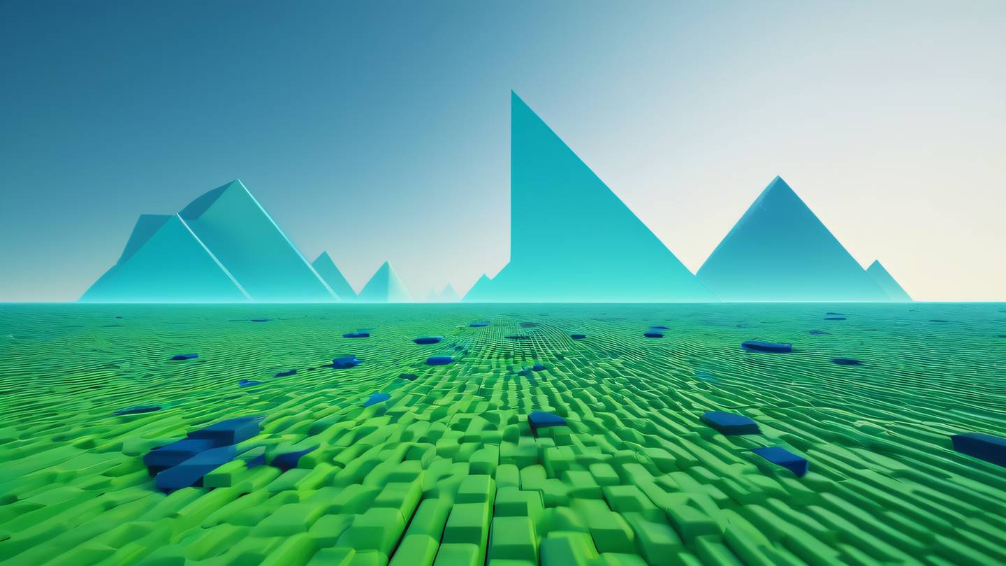 A serene abstract landscape with geometric shapes representing error handling patterns featuring fluorescent green and sapphire blue elements arranged in a harmonious composition viewed from a low angle perspective high-quality ultra-realistic cinematic 8K UHD high resolution sharp and detail