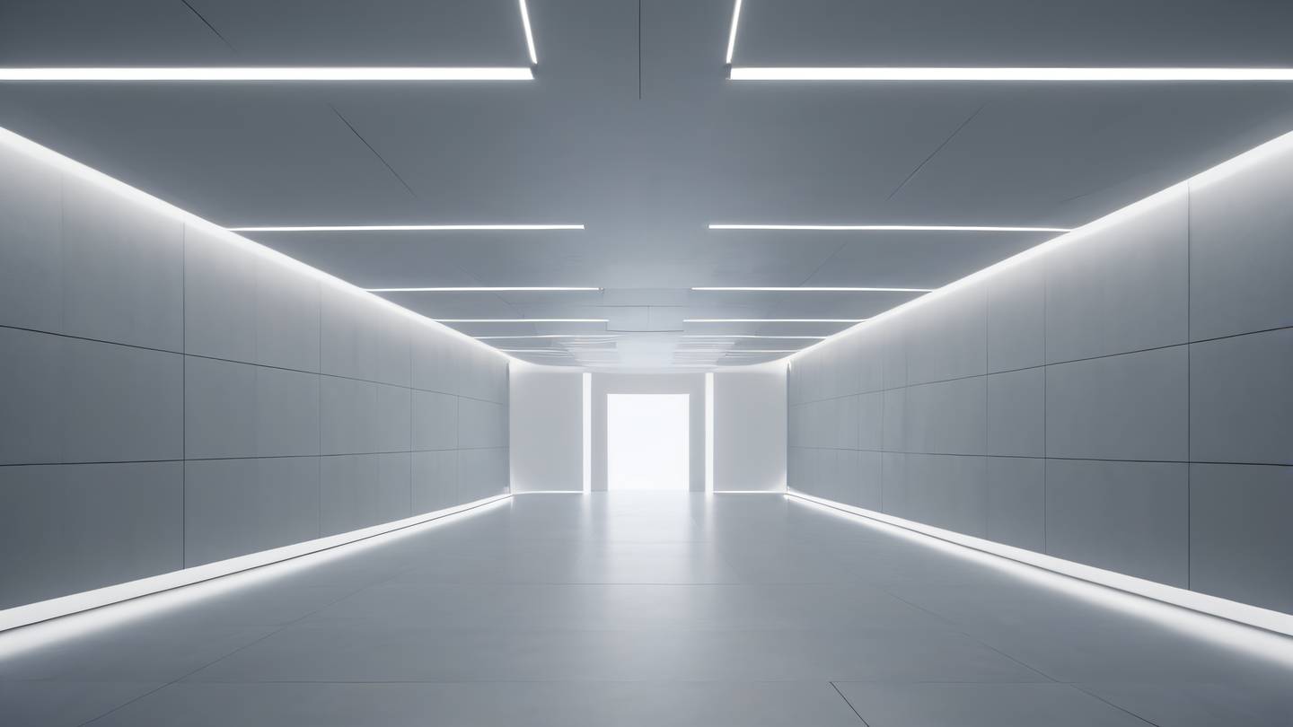 Modern minimal architectural space with interconnected geometric shapes and light beams featuring Minimal and modern greys with subtle white accents photographed from a wide-angle perspective high-quality ultra-realistic cinematic 8K UHD high resolution sharp and detail