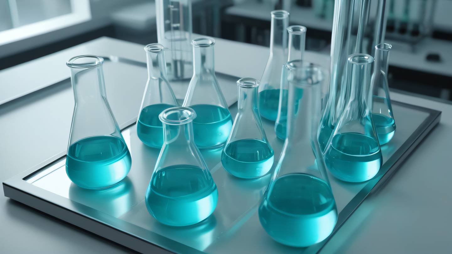 A modern minimalist laboratory setup with glass beakers and test tubes containing turquoise blue liquid viewed from a 45-degree elevated angle high-quality ultra-realistic cinematic 8K UHD high resolution sharp and detail