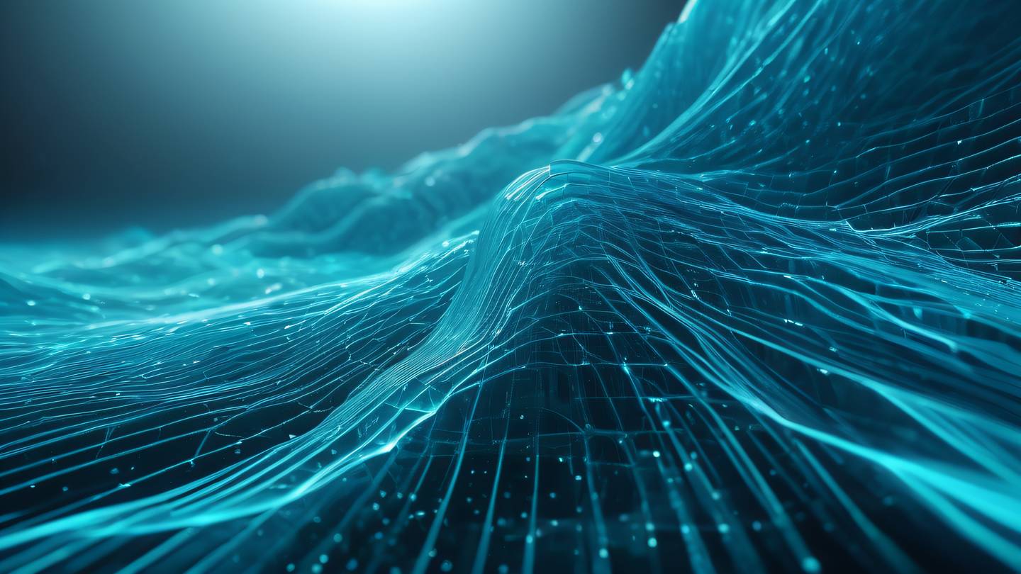 A flowing abstract representation of data streams featuring crystalline structures in bright cyan and iridescent blues with geometric patterns suggesting database optimization and flow ultra-realistic cinematic 8K UHD high resolution sharp and detailed