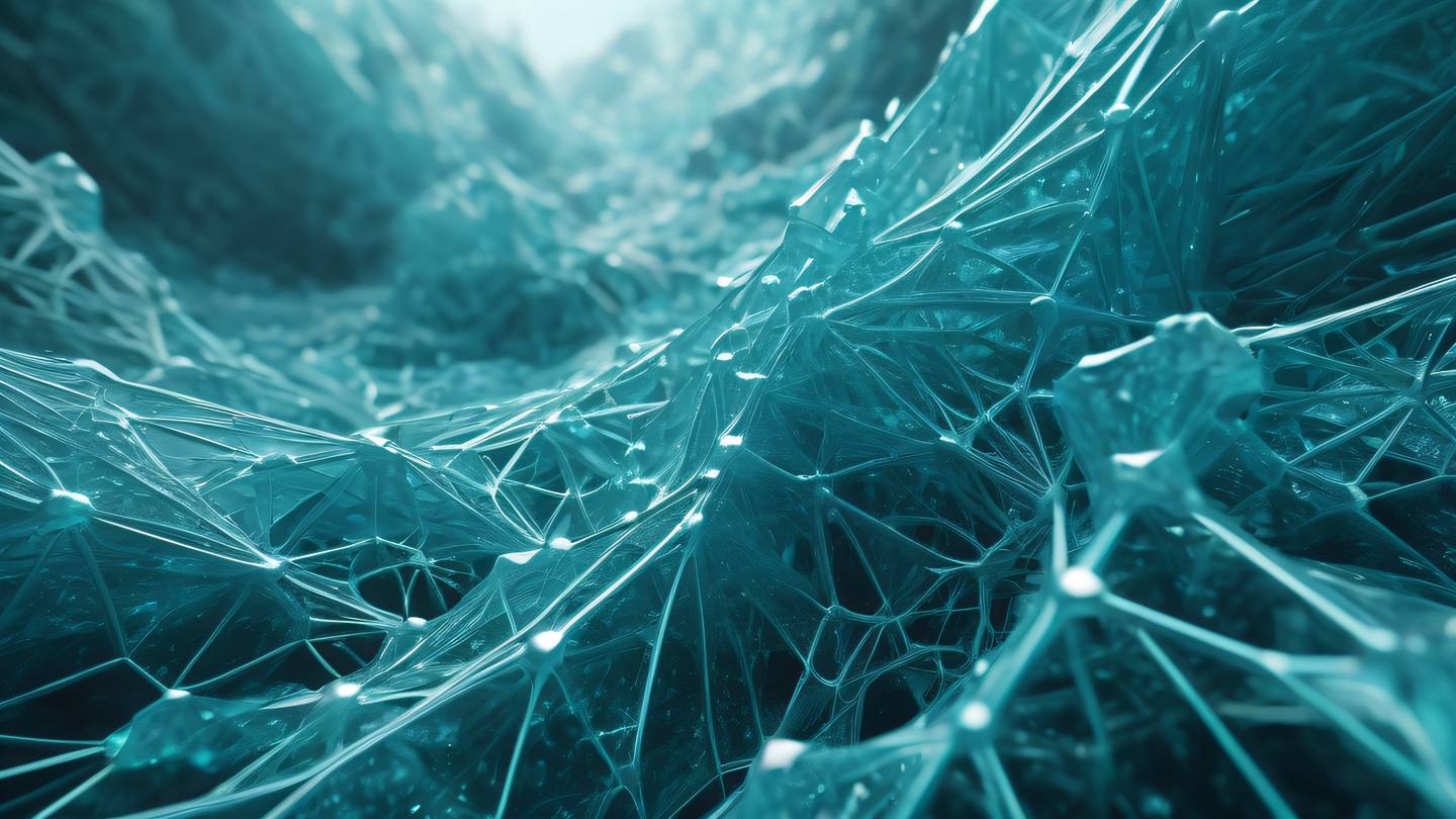 Crystalline formations arranged in a network pattern with bright zinc and cyan colors flowing through transparent pathways suggesting data flow and connectivity high-quality ultra-realistic cinematic 8K UHD high resolution sharp and detailed