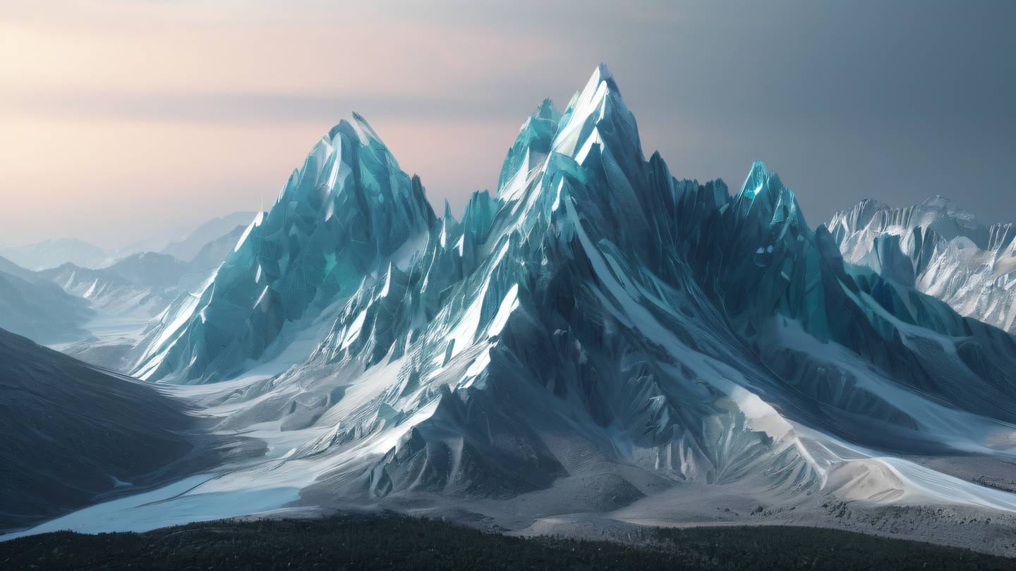 An abstract representation of rocky mountains made of geometric shapes with cool and iridescent colors cascading down their sides suggesting data optimization and structure high-quality ultra-realistic cinematic 8K UHD high resolution sharp and detailed