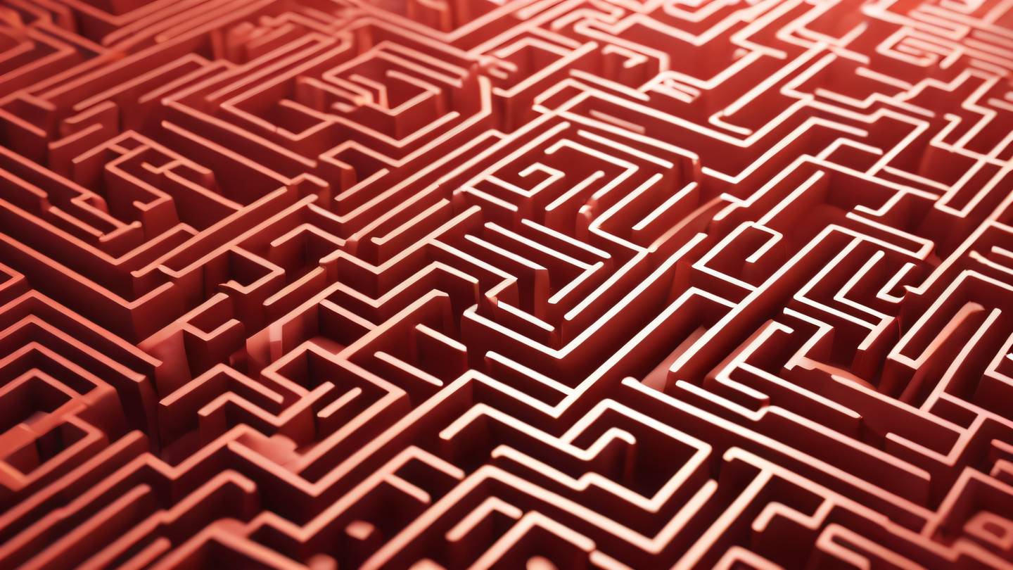 Geometric maze pattern in bright orange and soft pink tones flowing smoothly like a circuit board layout high-quality ultra-realistic cinematic 8K UHD sharp and detail