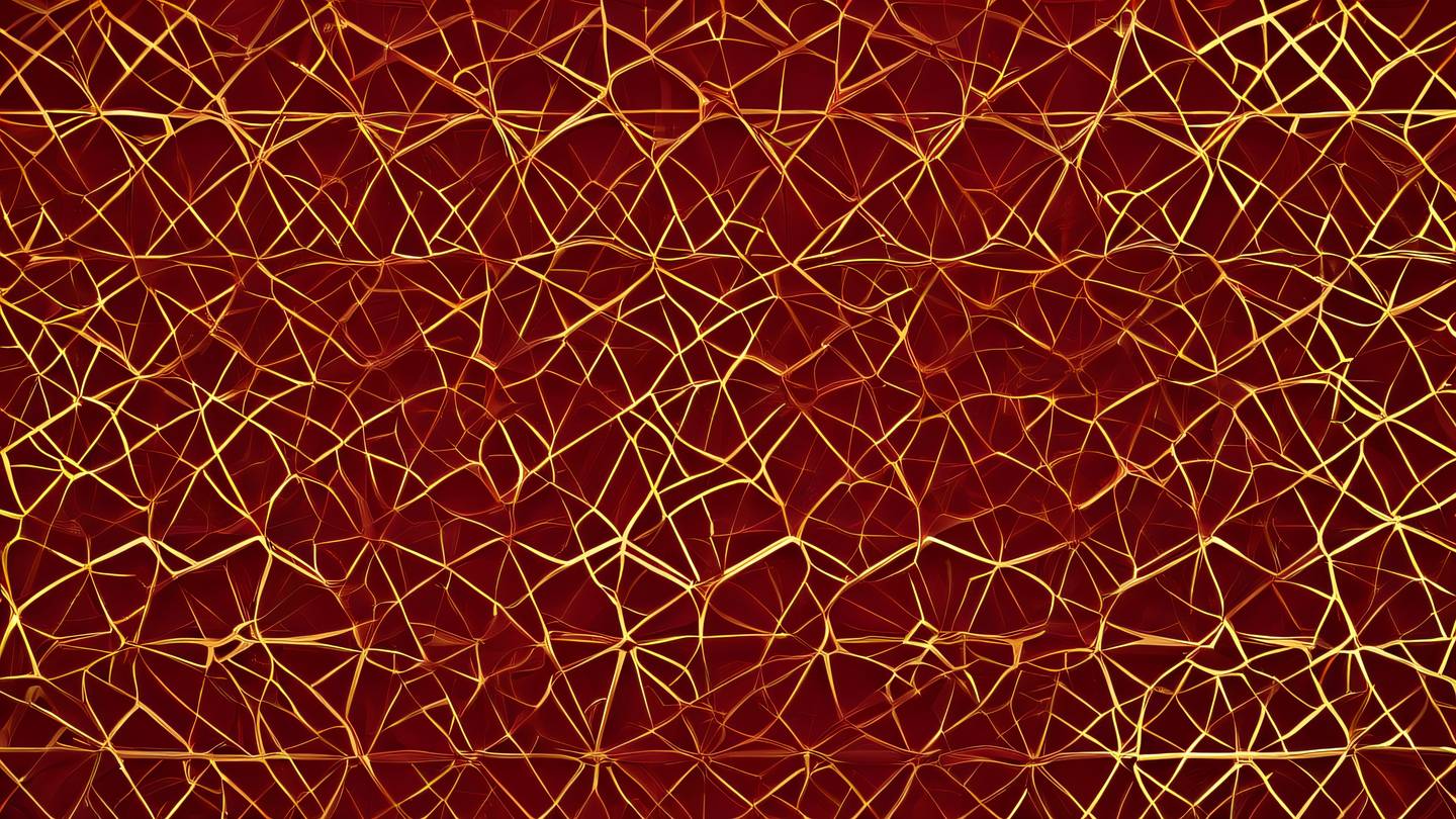 Seamless pattern of interwoven red and gold geometric shapes forming a complex network on a bright crimson background flowing like liquid metal high-quality ultra-realistic cinematic 8K UHD high resolution sharp and detail
