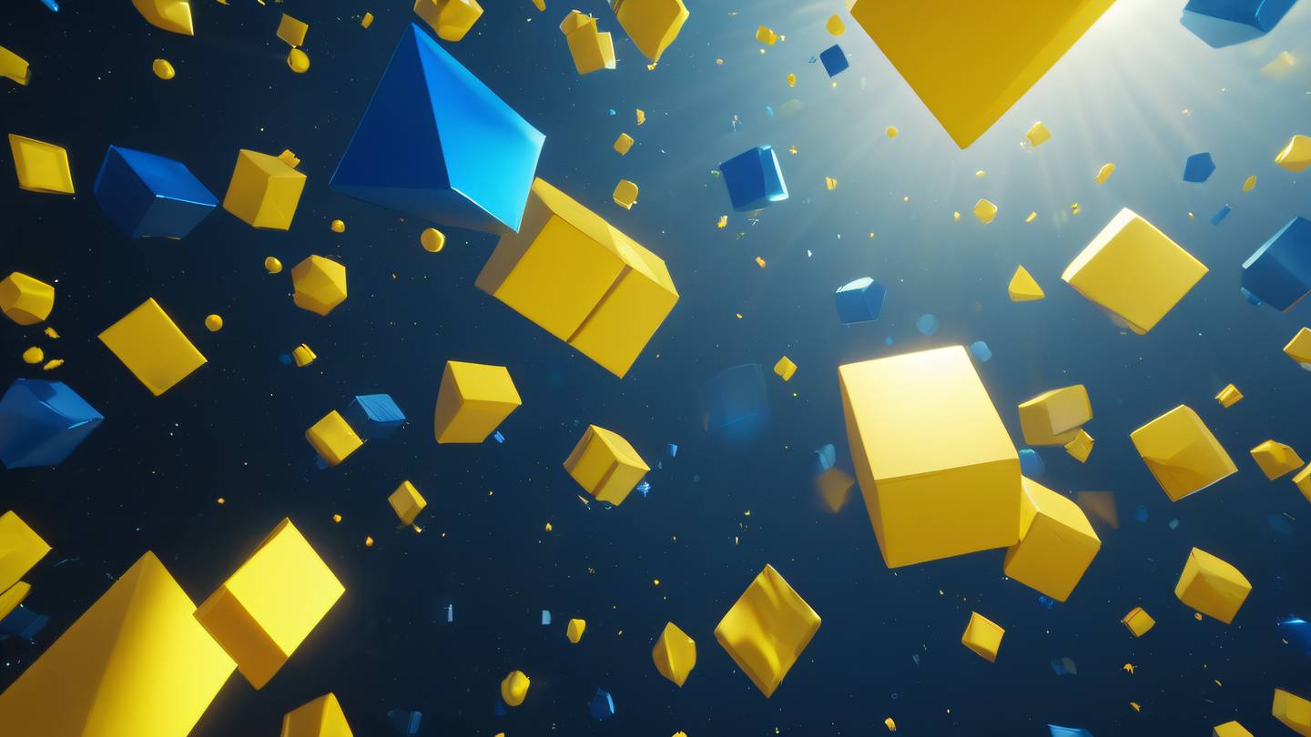 Abstract geometric shapes representing testing and type safety dominated by bright sunshine yellow and sapphire blue gradient floating in space. Camera angle: Top-down perspective high-quality ultra-realistic cinematic 8K UHD high resolution sharp and detail