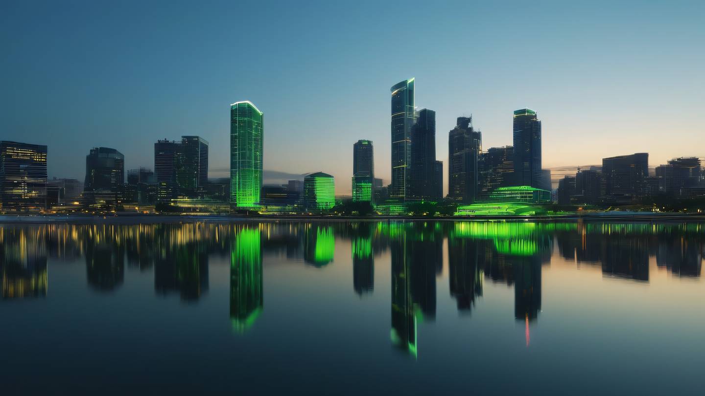 Serene city skyline at dusk with modern architecture illuminated by fluorescent green lights reflecting in calm water. Camera angle: Wide-angle panoramic shot high-quality ultra-realistic cinematic 8K UHD high resolution sharp and detail