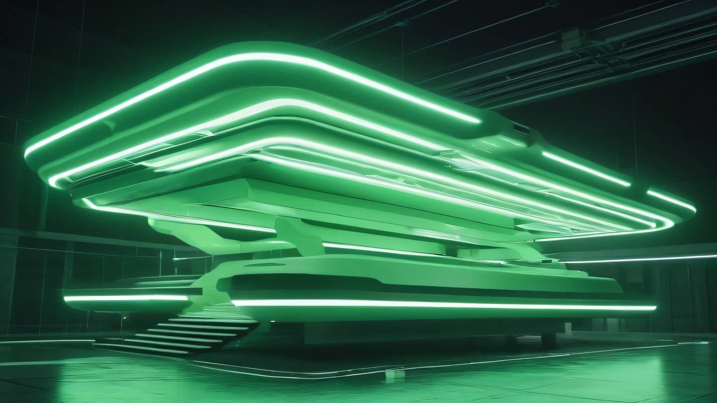 Abstract architectural structure with floating platforms and light beams in neon green and off-white colors photographed from a low angle perspective high-quality ultra-realistic cinematic 8K UHD high resolution sharp and detail