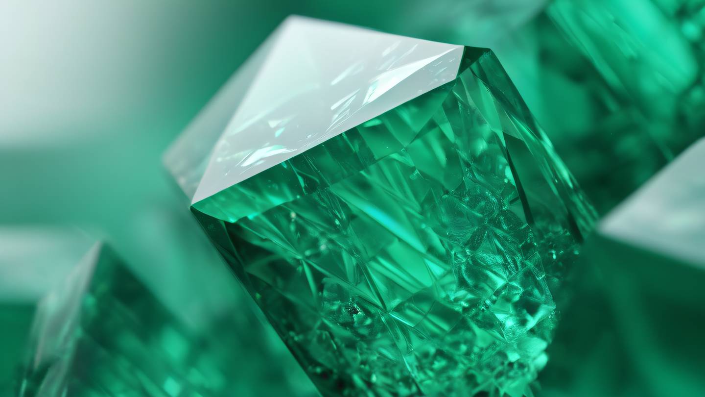 Close-up macro shot of a pristine clear crystal structure with emerald green color gradients showcasing intricate geometric patterns captured with a tilt-shift lens high-quality ultra-realistic cinematic 8K UHD high resolution sharp and detail