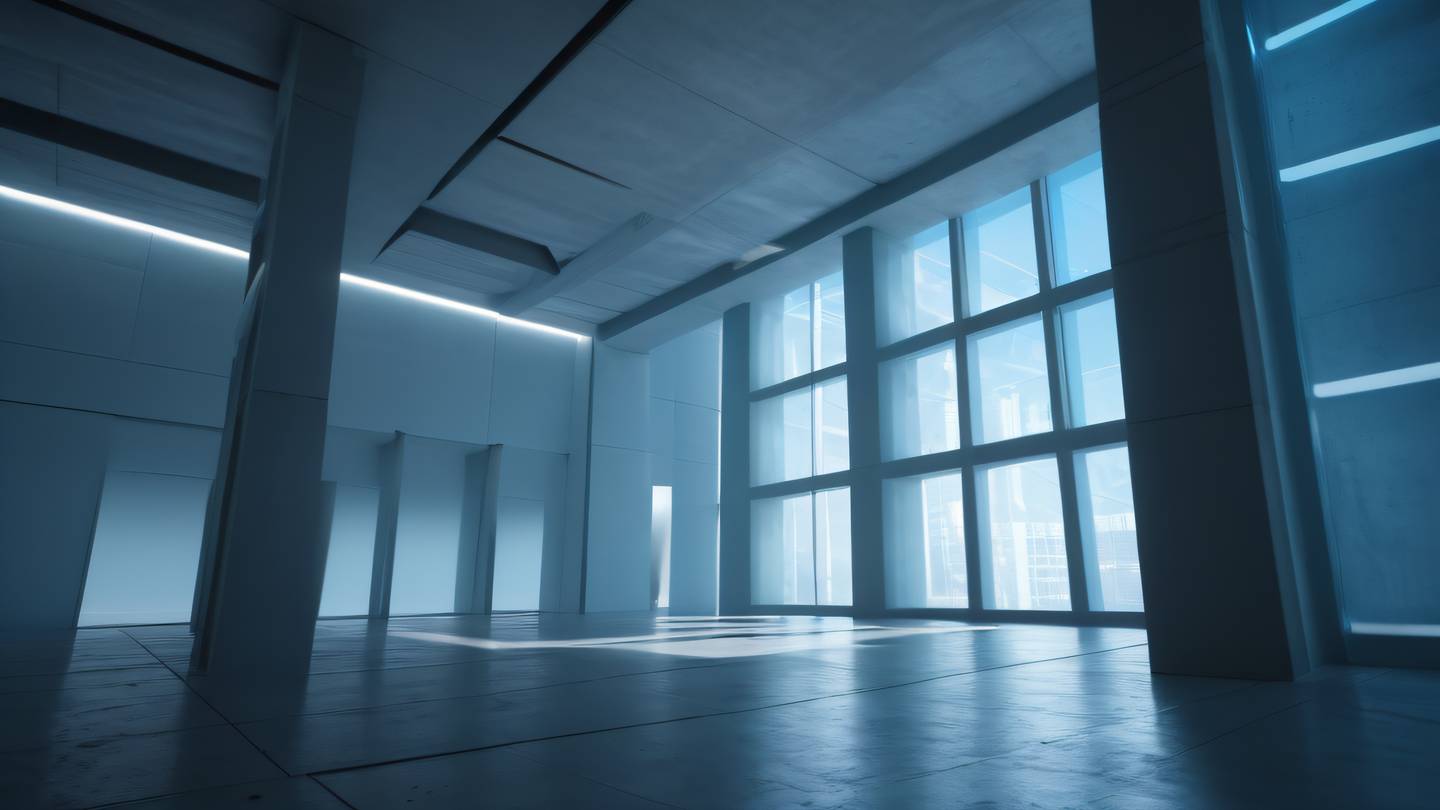 Abstract architectural interior with soft dusty blue light streaming through geometric windows captured from a low angle perspective creating dramatic shadows and highlights high-quality ultra-realistic cinematic 8K UHD high resolution sharp and detail