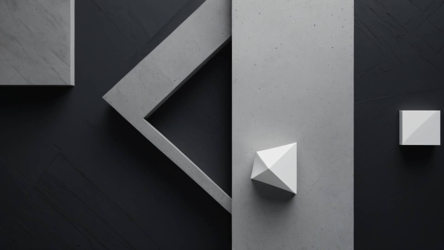 Abstract minimalist composition of concrete textures and stark white geometric shapes against a black background shot from a bird's eye view perspective high-quality ultra-realistic cinematic 8K UHD high resolution sharp and detail
