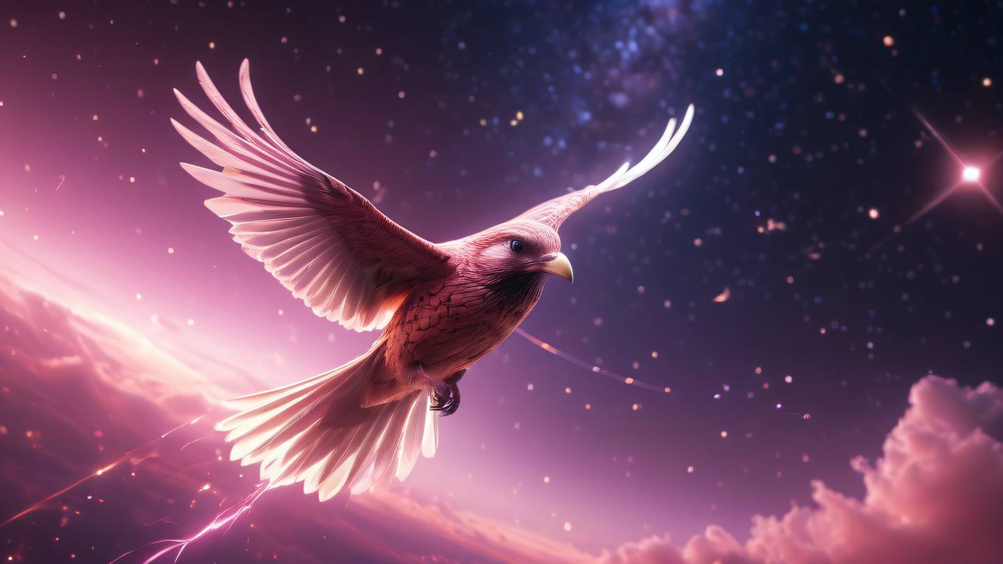 Cosmic bird soaring through a luminous pink and rose gold galaxy with stars and light trails creating a magical atmosphere representing freedom and technological advancement high-quality ultra-realistic cinematic 8K UHD high resolution sharp and detail