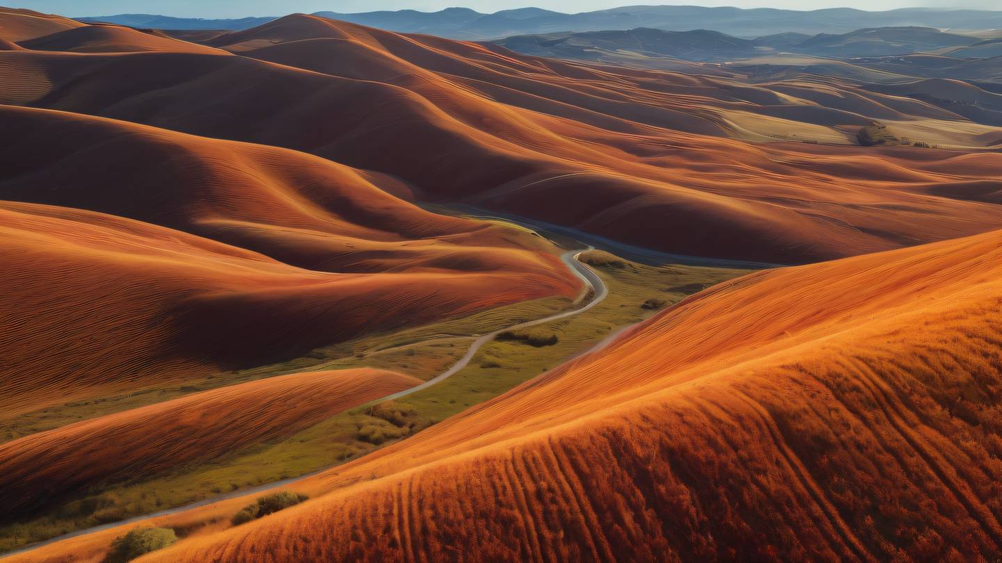 A minimalist landscape of rolling hills and winding paths representing data flow captured from aerial view perspective. Colors: Bold orange and blood red gradients paint the curves of the hills against a clear sky emphasizing the natural flow and connectivity. high-quality ultra-realistic cinematic 8K UHD high resolution sharp and detail