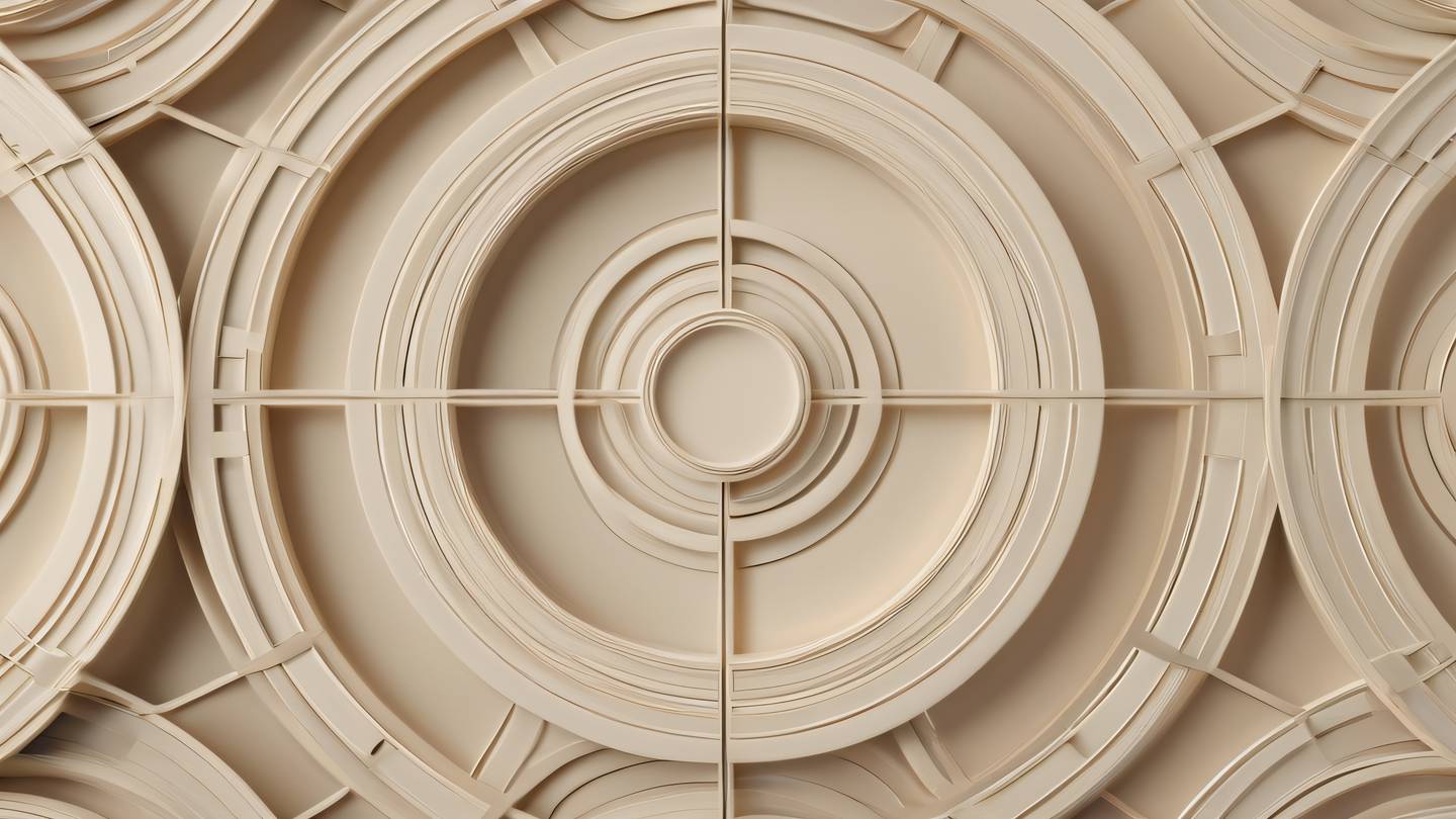 Elegant geometric patterns of interlocking circles and lines symbolizing organized structure shot from top-down perspective. Colors: creamy tones with warm off-white highlights create depth and dimension in the pattern. high-quality ultra-realistic cinematic 8K UHD high resolution sharp and detail