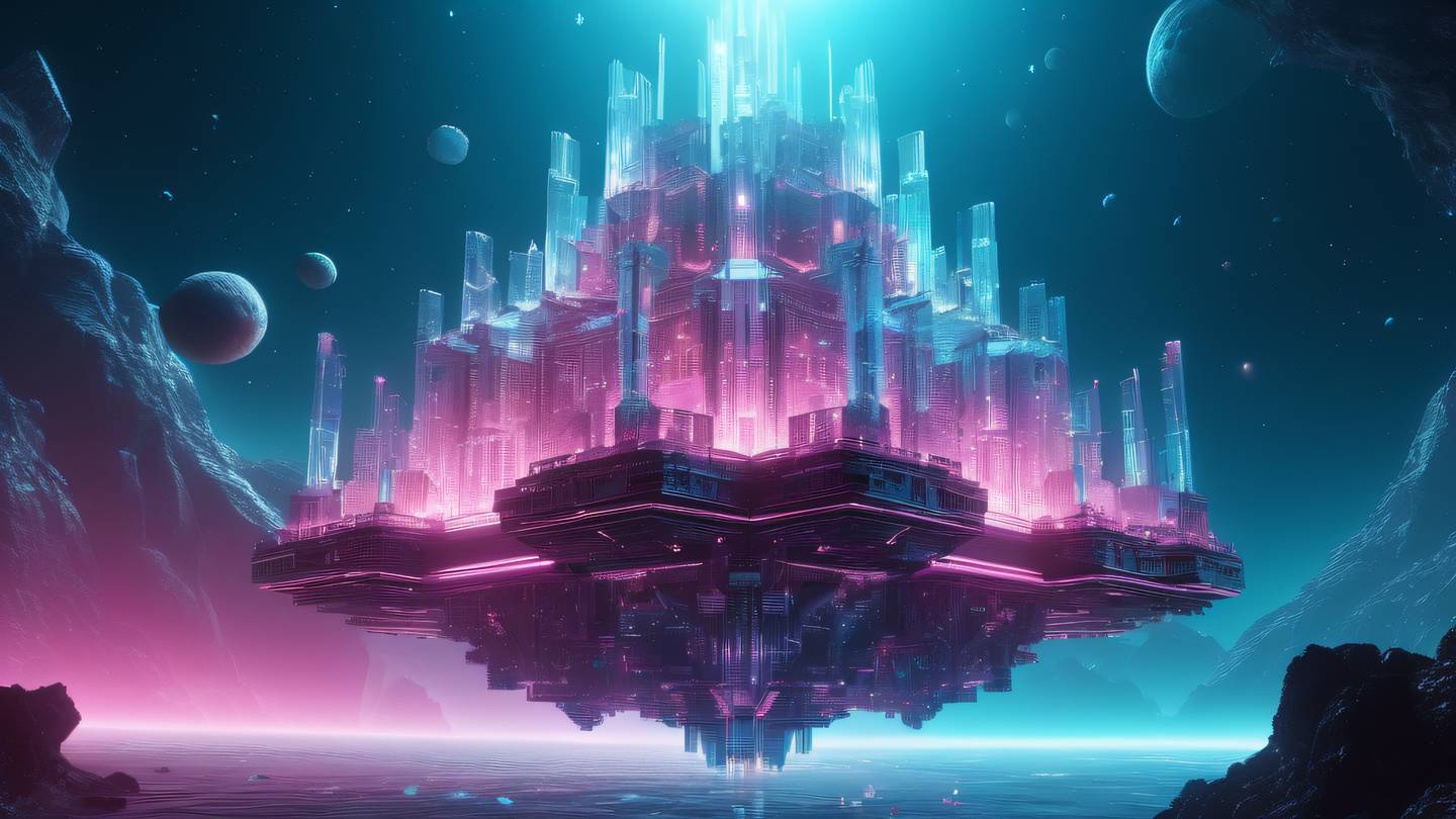 A futuristic crystal fortress floating in space with intricate geometric patterns and glowing authentication symbols rendered in bright cyan and electric pink colors emanating a soft ethereal glow high-quality ultra-realistic cinematic 8K UHD high resolution sharp and detail
