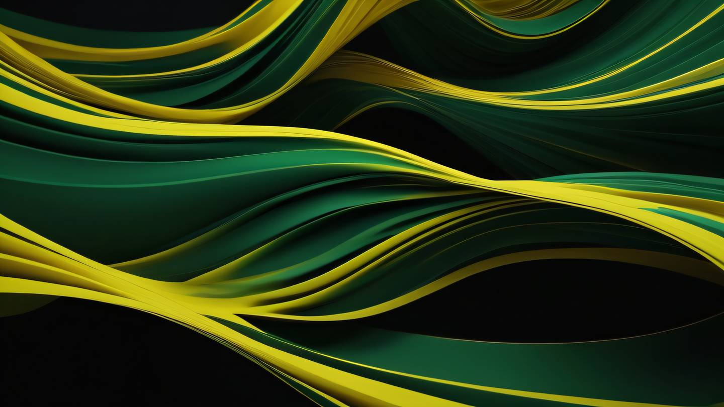 Fluid abstract waves morphing into geometric patterns flowing ribbons of bright mustard yellow intertwined with vibrant green streaks against a dark background high-quality ultra-realistic cinematic 8K UHD high resolution sharp and detail