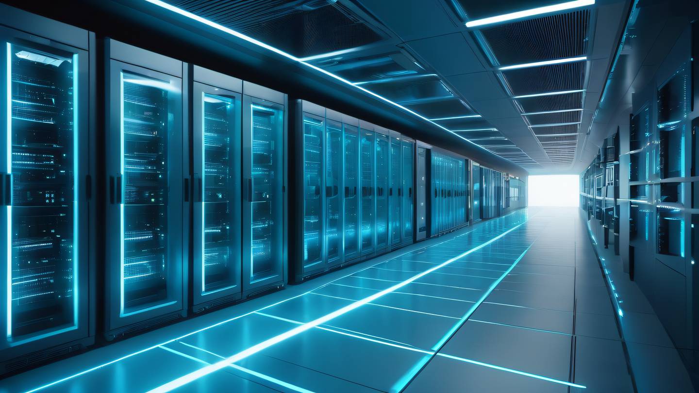 Futuristic server room with glowing circuit patterns geometric structures flowing with energy bright turquoise blue and white color scheme ultra-wide angle shot high-quality ultra-realistic cinematic 8K UHD high resolution sharp and detail