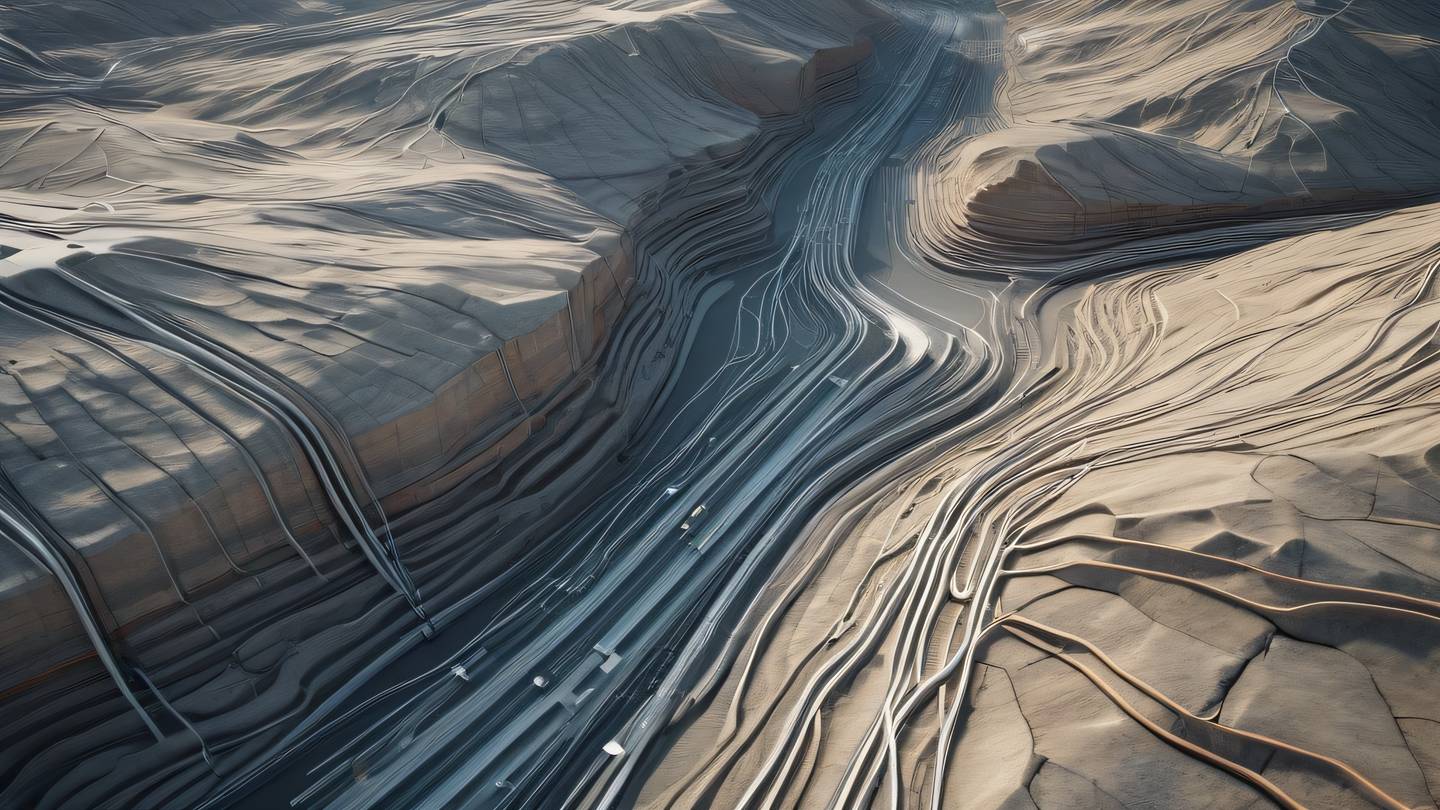 Abstract technological landscape with flowing data streams and interconnected nodes stone colors with hints of warm beige and cool gray aerial perspective shot high-quality ultra-realistic cinematic 8K UHD high resolution sharp and detail