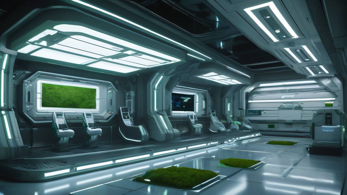 Modern space station interior with sleek architectural elements and floating holographic displays fresh moss green accents against metallic surfaces low angle perspective shot high-quality ultra-realistic cinematic 8K UHD high resolution sharp and detail