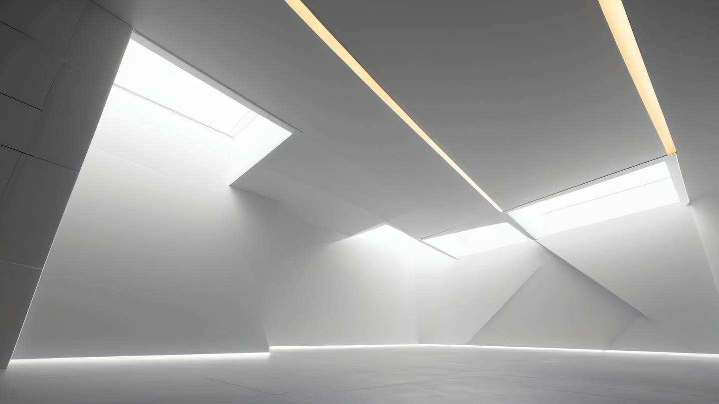 Minimalist architectural space with floating geometric shapes and light rays black and white color scheme with subtle gold accents dramatic wide-angle shot from below high-quality ultra-realistic cinematic 8K UHD high resolution sharp and detail