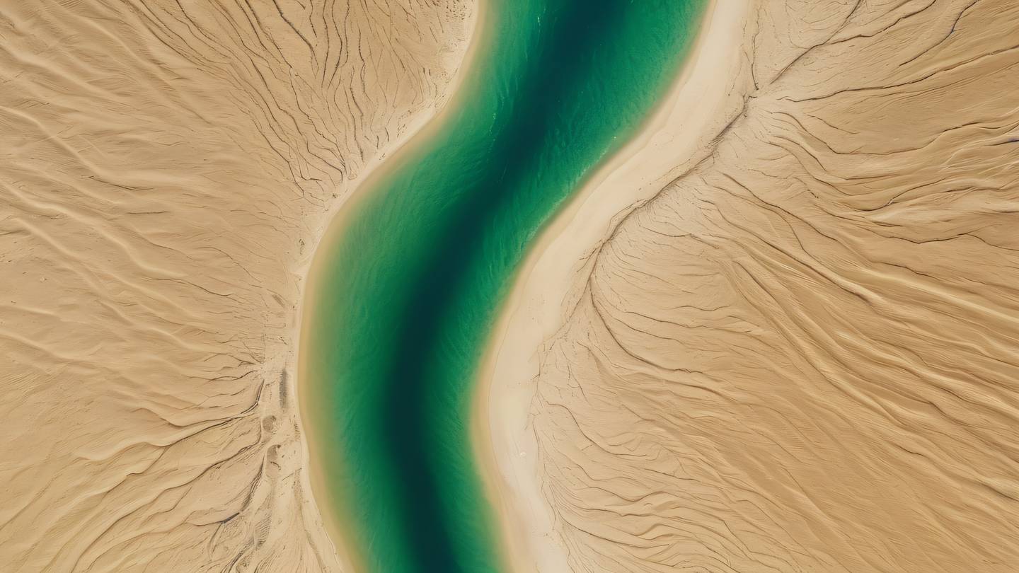 An abstract representation of a flowing river system from above with bright emerald green waterways branching out against a sandy beige background featuring natural patterns and textures captured from a top-down aerial view high-quality ultra-realistic cinematic 8K UHD high resolution sharp and detail