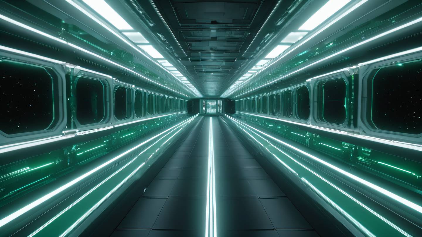 Abstract space station view with data streams visualized as pale and emerald light trails flowing through transparent corridors high-quality ultra-realistic cinematic 8K UHD high resolution sharp and detail