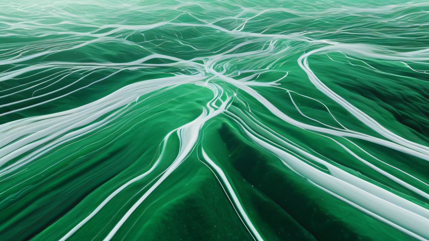 Aerial view of bright emerald and white energy streams flowing through abstract technological landscape high-quality ultra-realistic cinematic 8K UHD high resolution sharp and detail